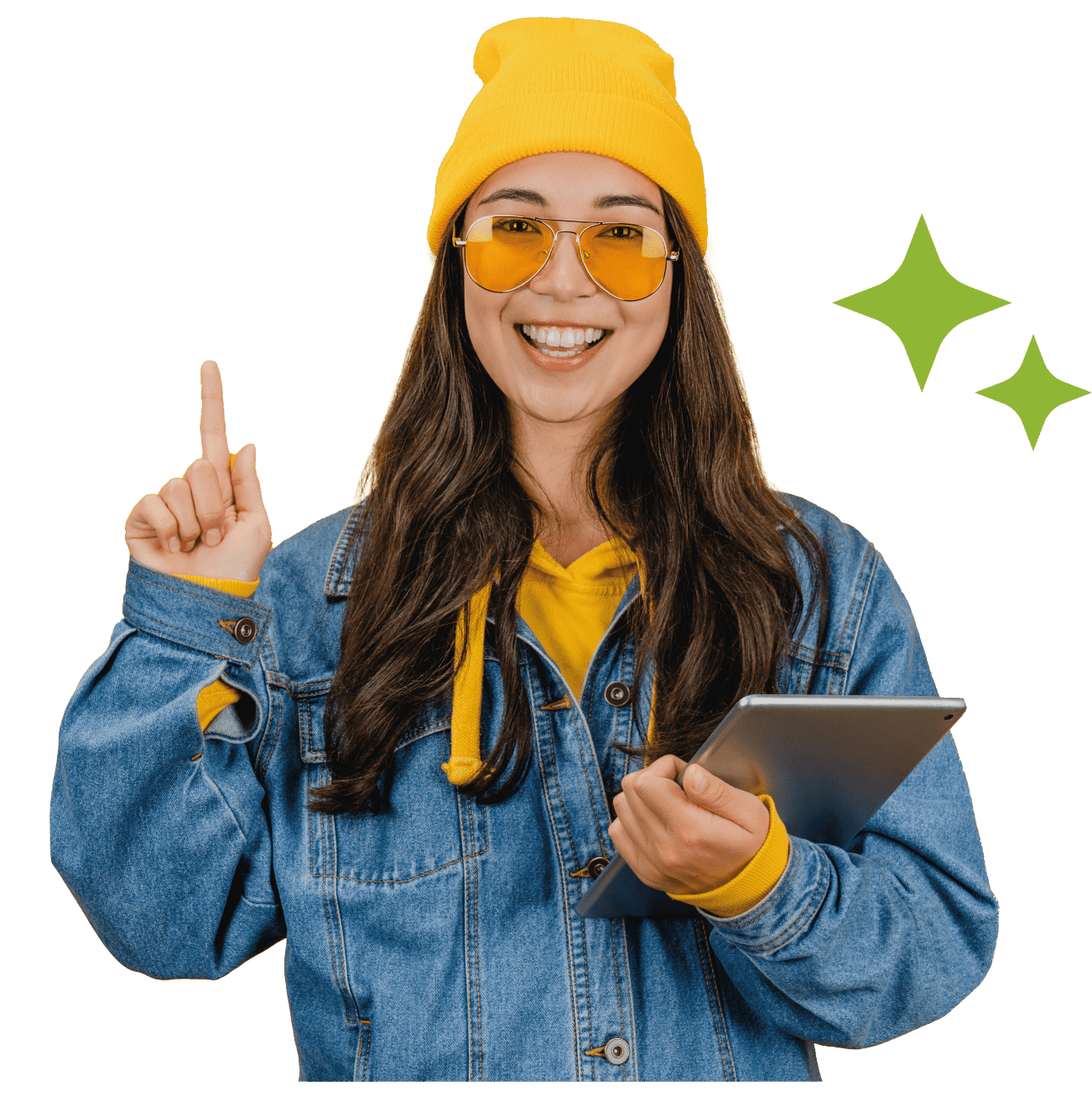 Menina com toca amarela e tablet apontando para cima